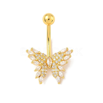 Brass Pave Clear Cubic Zirconia Curved Barbell Butterfly Belly Rings LS-AJEW-L099-01A-G-1