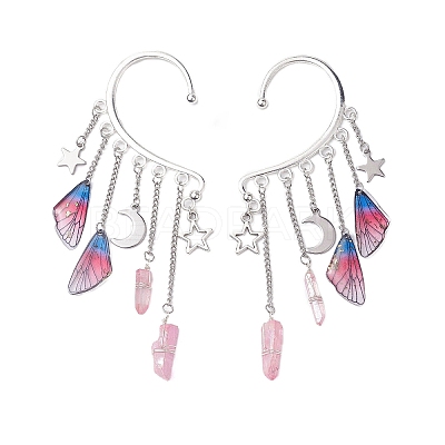 Wing Resin & Natural Quartz Crystal Points Beaded Dangle Earrings EJEW-TA00523-1