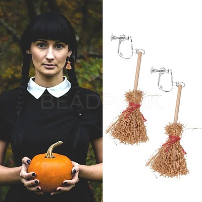 Halloween Broom Wood Clip-on Earrings FS-WGC7667-02-1