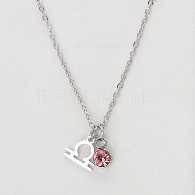 304 Stainless Steel Light Rose Rhinestone Birth Stone Constellation Pendant Necklaces FS-WG76580-22-1
