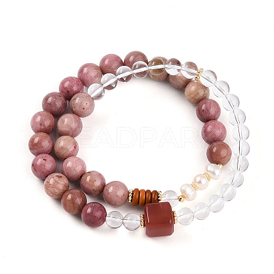Round Natural Fresh Water Pearl & Red Agate Rhodonite & Quartz Crystal Beaded  Wrap Bracelets for Men Women BJEW-T022-07-1
