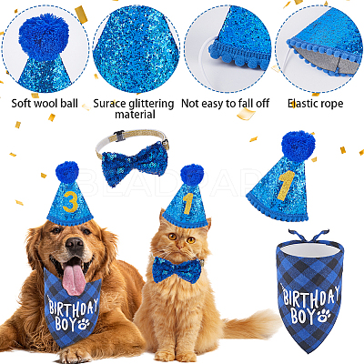 Polyester and Polycotton Pet Hat & Collar & Bib Birthday Party set AJEW-WH20010-97-1