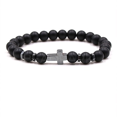 8MM Round Frosted Natural Obsidian Beaded Stretch Bracelets with Synthetic Non-magnetic Hematite Cross FA1012-18-1