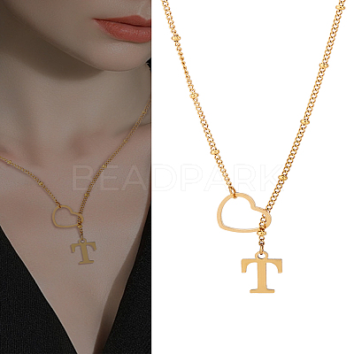1Pc Letter & Heart Stainless Steel Lariat Necklaces for Women NJEW-LP0002-87G-T-1