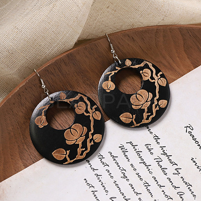 Flat Round Wood Dangle Earrings FS-WGF3184-04-1