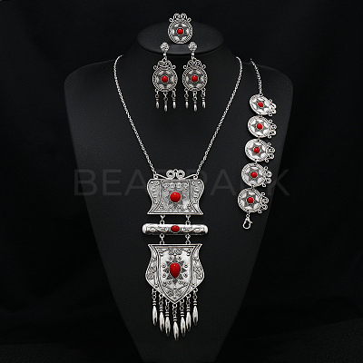 Flat Round Alloy with Resin Pendant Necklace & Stud Dangle Earring & Link Bracelet & Ring FS-WGB1F06-13-1