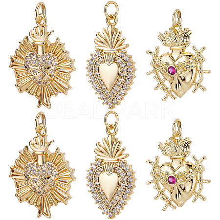 Beebeecraft 6Pcs 3 Style Rack Plating Brass Micro Pave Clear Cubic Zirconia Pendants KK-BBC0003-03-1