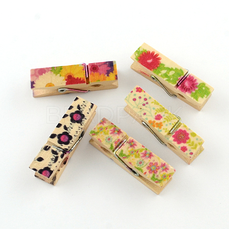 Flower Pattern Printed Wooden Craft Pegs Clips X-WOOD-R249-012-1