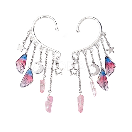 Wing Resin & Natural Quartz Crystal Points Beaded Dangle Earrings EJEW-TA00523-1