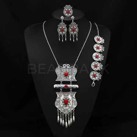 Flat Round Alloy with Resin Pendant Necklace & Stud Dangle Earring & Link Bracelet & Ring FS-WGB1F06-13-1