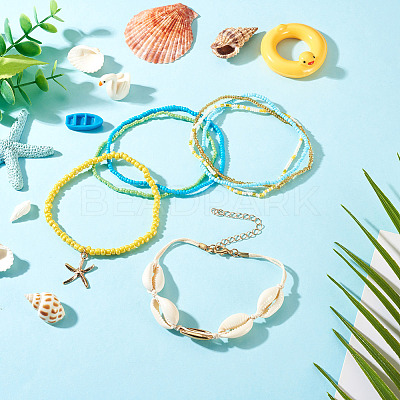 2 Bags Summer Beach Glass Seed Beaded & Natural Shell & Alloy Starfish Charm Anklet Sets AJEW-TA0003-69B-1