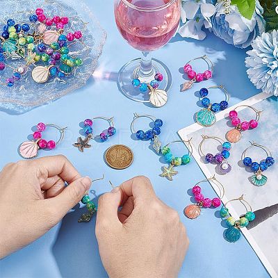 Ocean Theme Alloy Enamel with Plastic Imitation Pearl Wine Glass Charms AJEW-AB00095-1