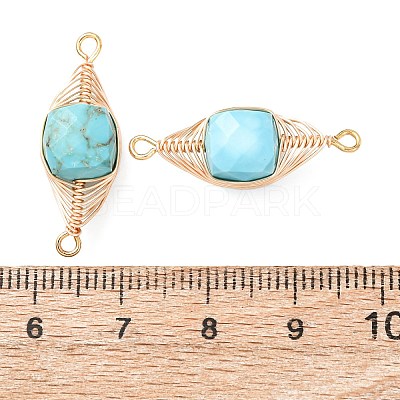 Natural Turquoise Faceted Cube Links Connector Charms with Copper Herringbone Wire-Wrapped KK-Z152-06G-01B-1