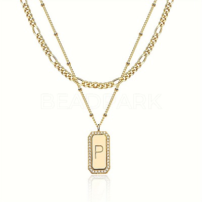 Brass Micro Pave Clear Cubic Zirconia Rectangle with Initial Pendant Double Layer Necklaces for Women FS-WG478B5-16-1
