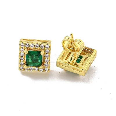 Square Brass Micro Pave Clear Cubic Zirconia Stud Earrings EJEW-G387-03G-1