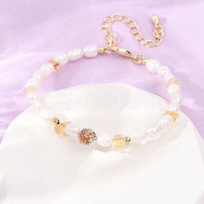 Natural Lemon Quartz(Heated) Chip and Rice Natural Pearl Beaded Bracelets GG-CBA3297-13G-B-1