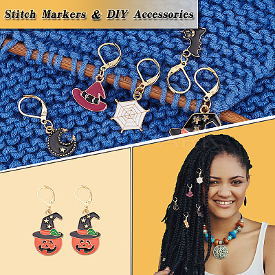Halloween Theme Alloy Enamel Spider Web/Bat/Wicth Hat Charm Locking Stitch Markers HJEW-PH01708-1