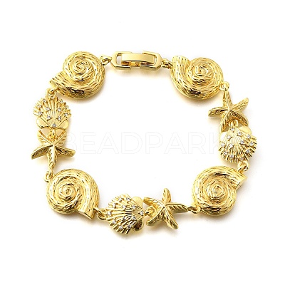 Summer Beach Brass Micro Pave Clear Cubic Zirconia Starfish & Shell Shape Link Chain Bracelets BJEW-C118-02A-G-1