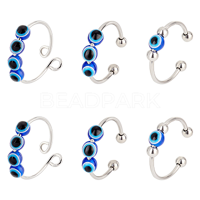 6Pcs 3 Style Resin Evil Eye Spinning Beaded Open Cuff Rings Set RJEW-PH0001-10-1