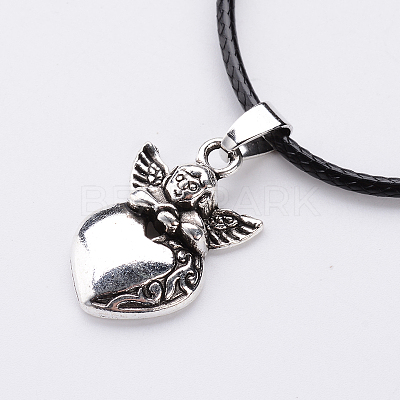 Antique Silver Alloy Heart Waxed Cord Pendant Necklaces NJEW-J054-02-1