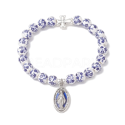 Virgin Mary with Cross Handmade Flower Printed Porcelain Ceramic Bracelets BJEW-JB13020-1