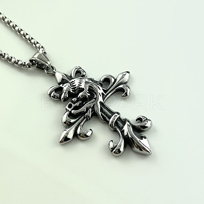 Retro Punk Hip-hop 304 Stainless Steel Wolf Cross Pendant Necklaces for Men FA7959-1
