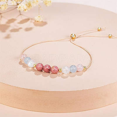 Adjustable Natural Rose Quartz & Aquamarine & Moonstone & Rhodonite Round Beaded Slider Bracelets for Healthy Pregnancy Gift FS-WG14B1D-01-1
