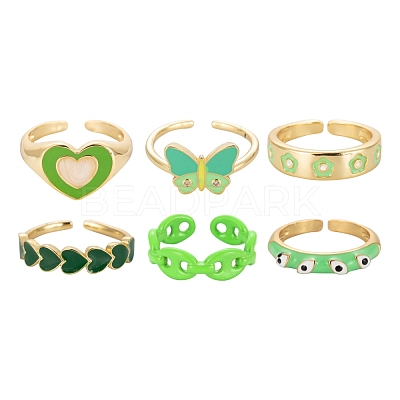6Pcs 6 Style Spray Painted Brass & Brass Enamel & Micro Pave Cubic Zirconia Cuff Rings RJEW-LS0001-38-1