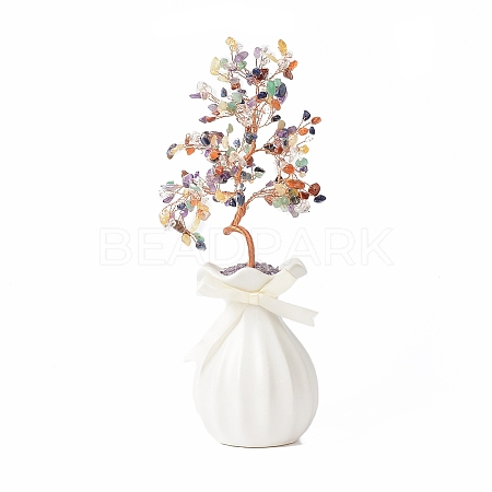 Natural Gemstone Chips with Brass Wrapped Wire Money Tree on Ceramic Vase Display Decorations DJEW-B007-01D-1