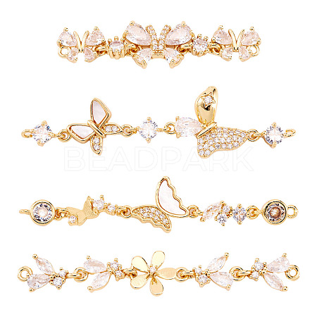 4Pcs 4 Styles Brass Pave Clear Cubic Zirconia Flower Butterfly Connector Charms KK-TA0008-72G-1