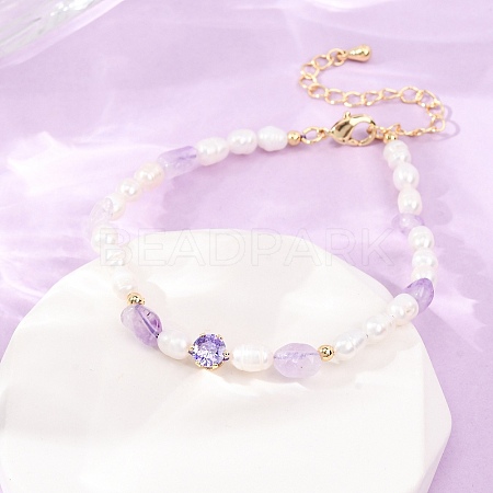 Natural Lavender Amethyst Chip and Rice Natural Pearl Beaded Bracelets GG-CBA3297-13G-G-1