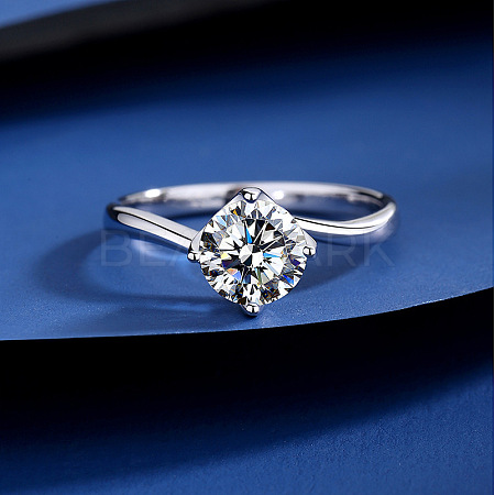 Flat Round Rhodium Plated 925 Sterling Silver Moissanite Finger Rings for Women WG84544-08-1