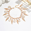 Boho Ocean Natural Cowrie Shell & Alloy Leaf & Plastic Pearl Tassel Anklets for Women WG179D1-01-3