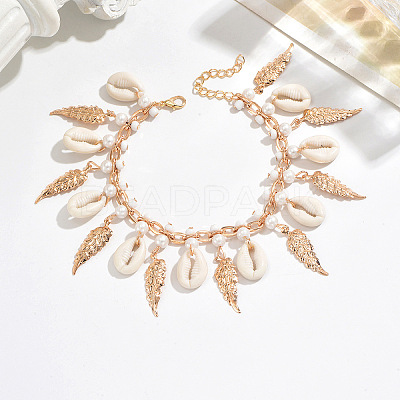 Boho Ocean Natural Cowrie Shell & Alloy Leaf & Plastic Pearl Tassel Anklets for Women WG179D1-01-1