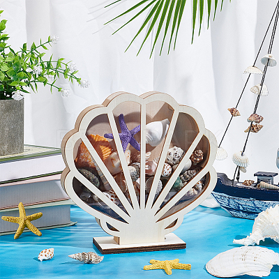 Shell Shaped Basswood Plywood Storage Boxes with Visible Window AJEW-WH0819-010-1