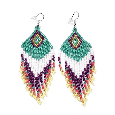 Glass Seed Braided Rhombus with Tassel Chandelier Earrings LS-EJEW-H084-05P-1