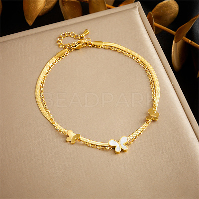 304 Stainless Steel Pave Natural Shell Charm Double Layer Anklets for Women FS-WGA3011-04-1