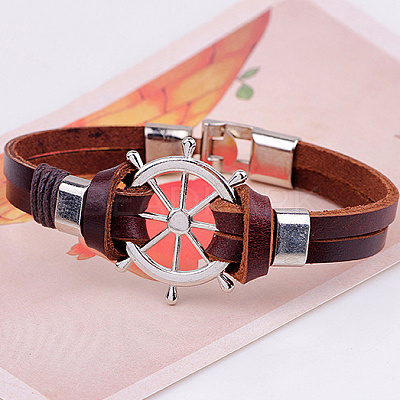 Helm Alloy Leather Cord Link Bracelets BJEW-P0001-13-1