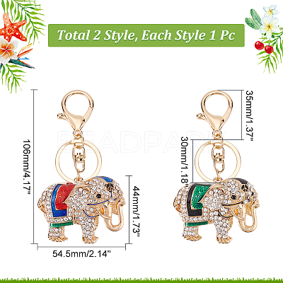 2Pcs 2 Colors Cute Elephant Enamel Rhinestones Pendant Keychain KEYC-WR0001-40-1