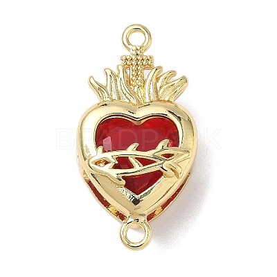 Brass with Glass Dark Red Sacred Heart Connector Charms X-KK-L253-27G-04-1