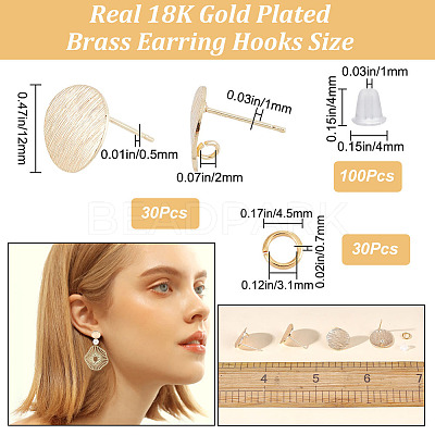 30Pcs Drawbench Flat Round Brass Stud Earring Findings KK-CN0002-37-1