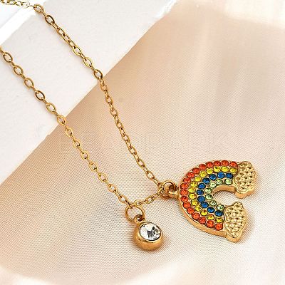 304 Stainless Steel Rhinestone Rainbow Pendant Necklaces for Women NJEW-U043-03G-1