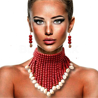 Alloy & Natural Shell & Wood Bead Necklaces & Dangle Earrings for Women FS-WG28A7F-01-1
