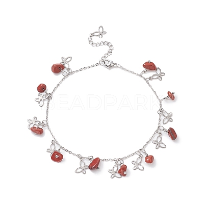 Natural Red Jasper Chips & Butterfly Charms Anklet AJEW-AN00512-07-1