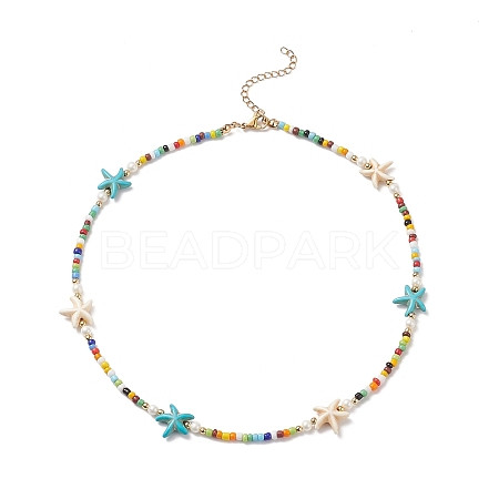 Colorful Synthetic Turquoise Starfish & Shell Pearl & Glass Seed Beaded Necklace for Women NJEW-TA00044-1