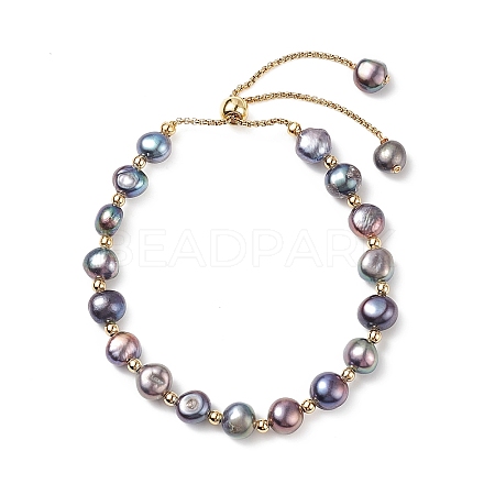 Dyed Natural Pearl & Brass Round Beaded Slider Bracelet BJEW-JB09008-03-1