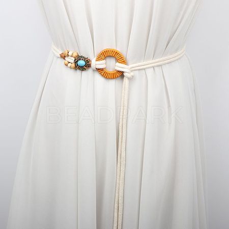 Bohemian Style Alloy Resin Ring Cotton Cord Chain Belts with Wood Beads Tassel FS-WGA5F60-01-1