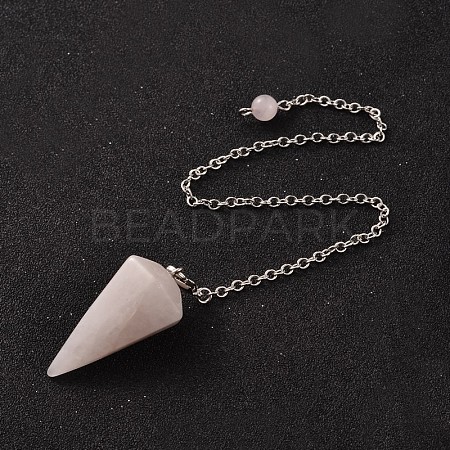 Platinum Tone Brass Rose Quartz Cone Hexagonal Pointed Dowsing Pendulums MAK-M015-01H-1