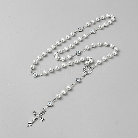 Jesus Cross Virgin Zinc Alloy Pendant Glass Pearl Round Rosary Bead Necklaces for Women Men NJEW-WH0022-21-1