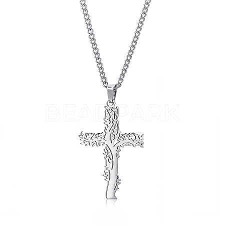 Stainless Steel Tree of Life Cross Pendant Curb Chain Necklaces PW-WGAB092-01-1